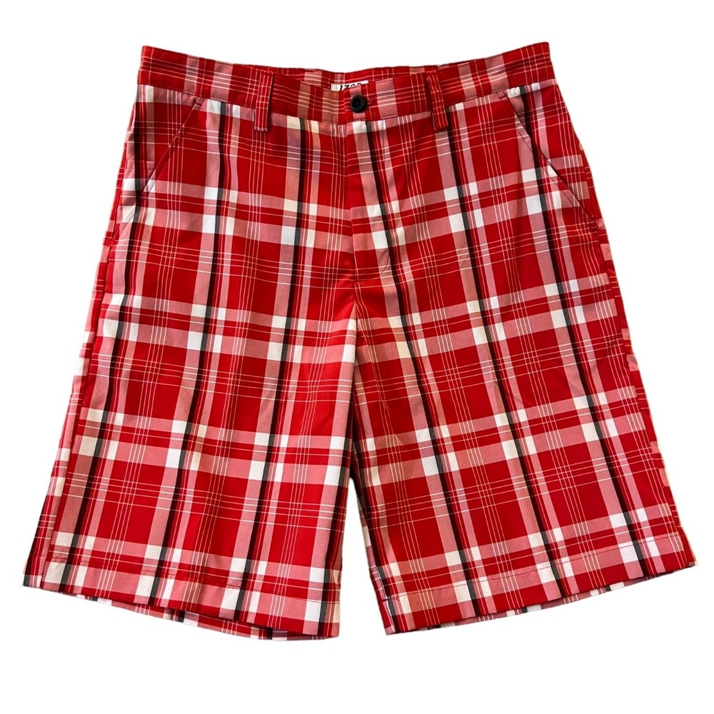 IZOD Golf Shorts Mens 34 Red Plaid PerformX Performance Flat Front Tartan